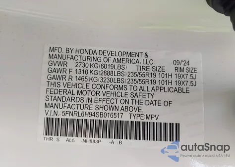 2025 Honda Odyssey Elite из США, поврежденный, VIN 5FNRL6H94SB016517